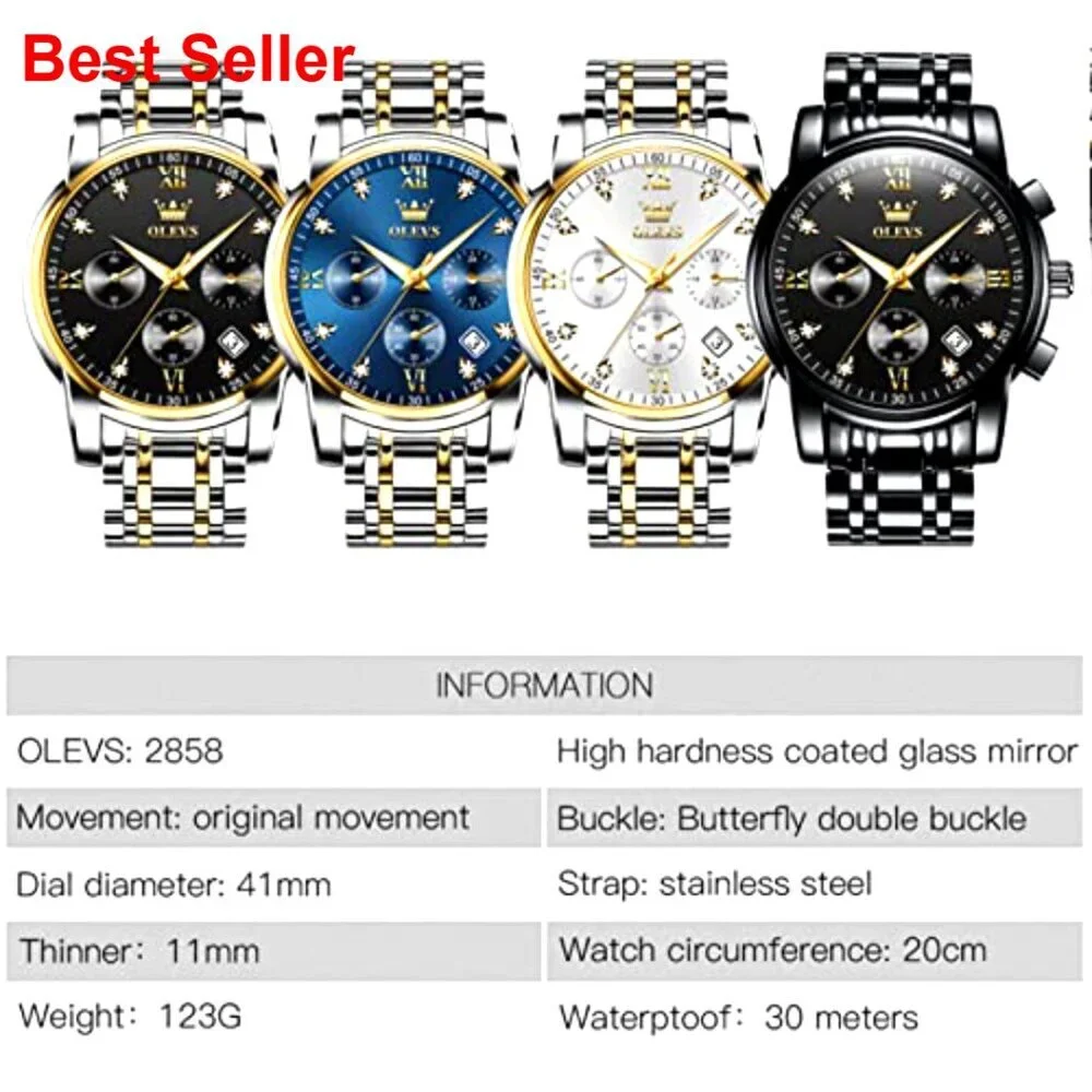Stainless Steel Waterproof Quartz Analog Watch with Adjustable Bracelet